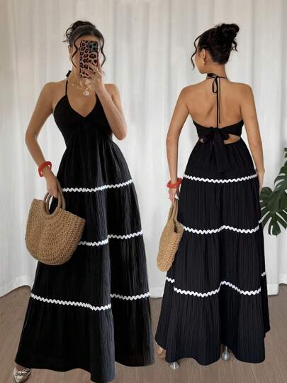 SHEIN Raffinéa Women's Casual Resort Style Spaghetti Strap High Low Ruched Trim Backless Long Dress, Spring/Summer New Arrival Black | SHEIN South Africa
