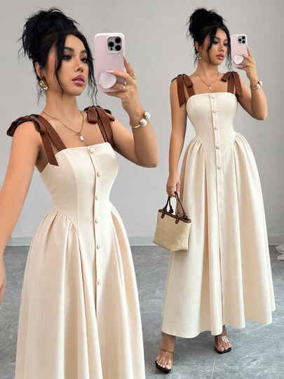 Elenzga New Arrival Tie-Shoulder Textured Bicolor Woven Midi Dress, Youthful Elegant Versatile Office Wear | SHEIN South Africa